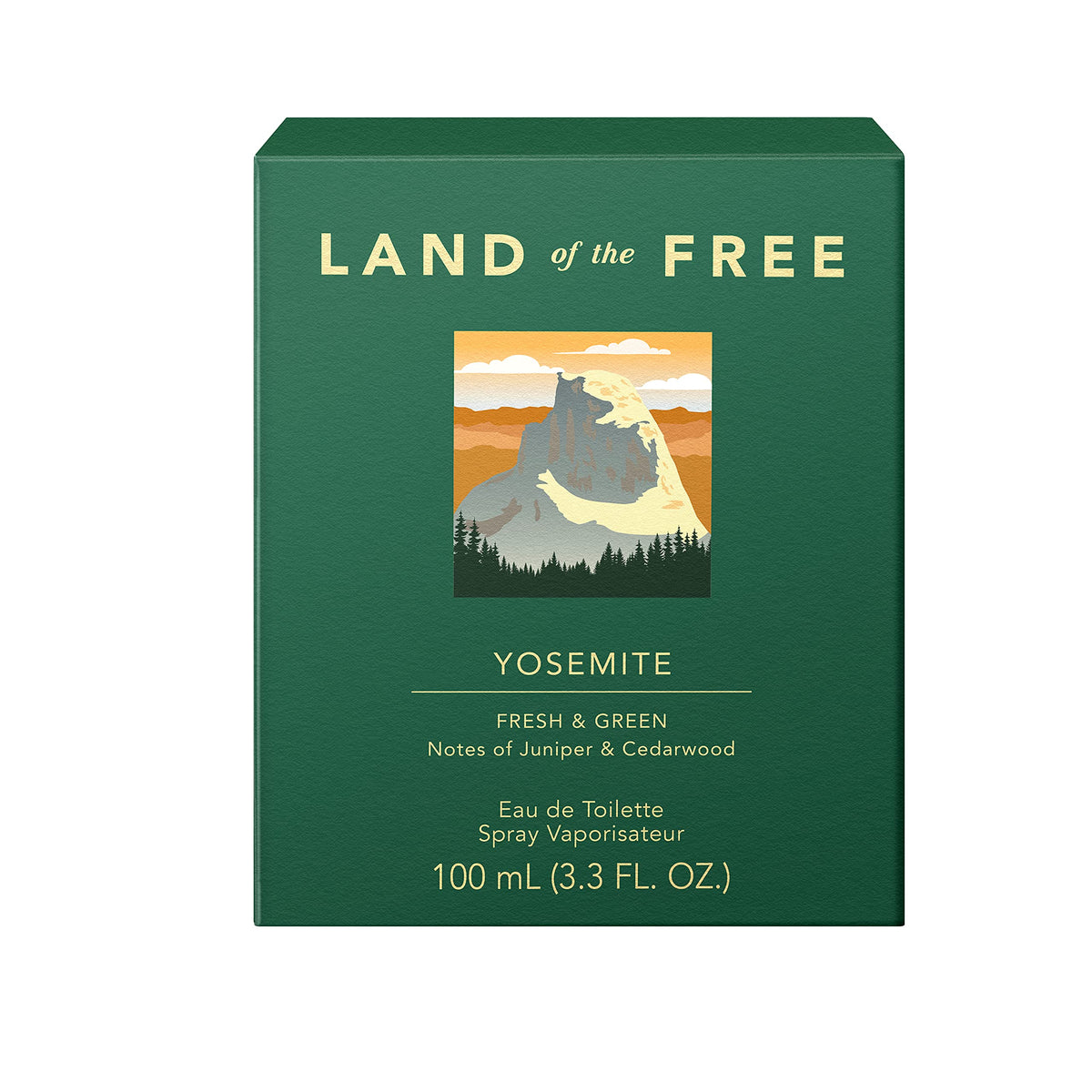 Land of the Free Yosmite bottle viewed from the front, ready for daily scent routine.