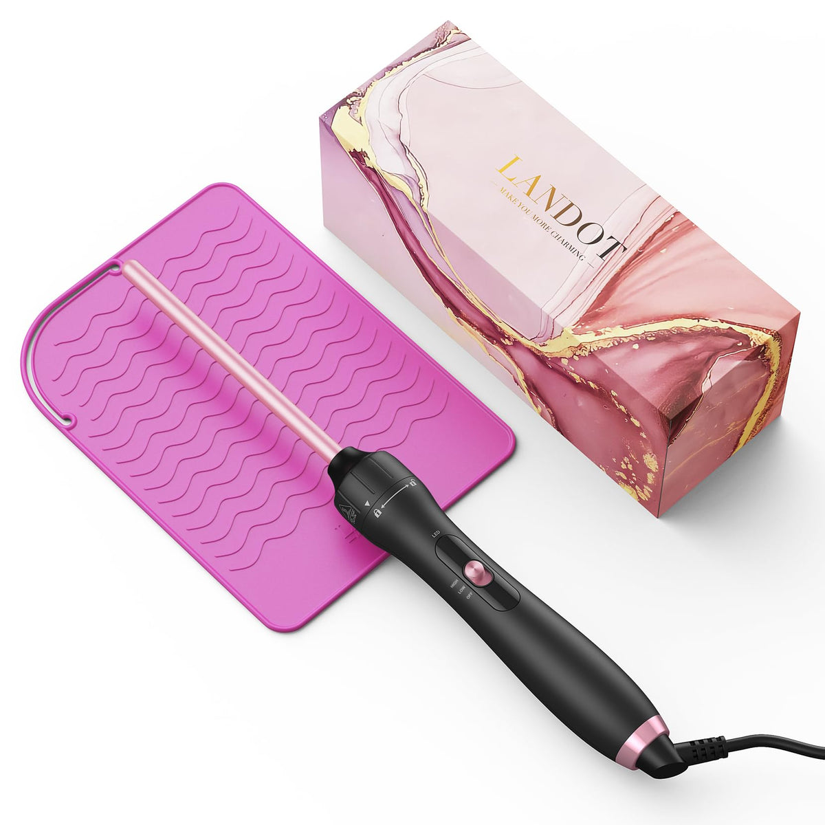 LANDOT 9mm curling wand with clip-free design for tight curls.