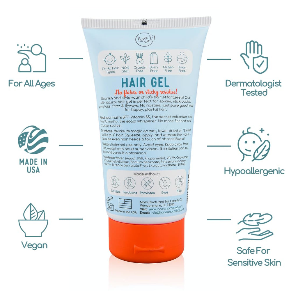 LANE & CO. Baby Hair Gel label emphasizes fragrance-free, alcohol-free care