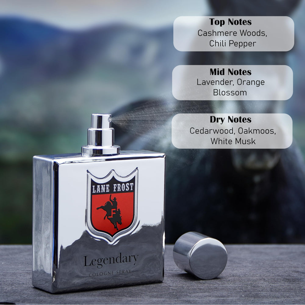 Lane Frost Legendary Chrome bottle angled view highlighting premium USA-made fragrance.