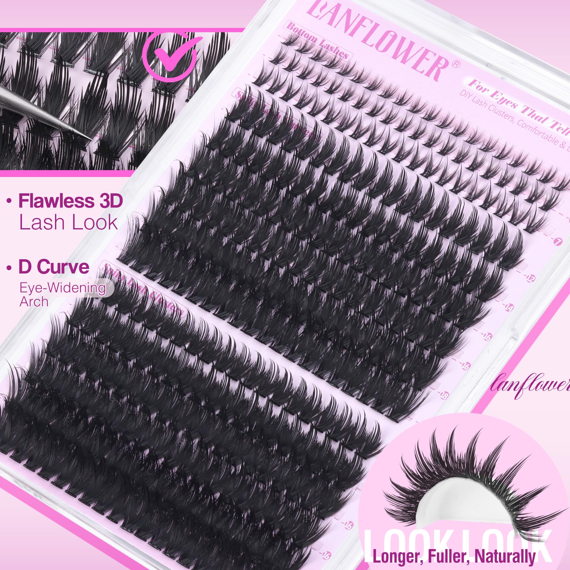 Lanflower 12-20mm lash clusters offering customizable length range.