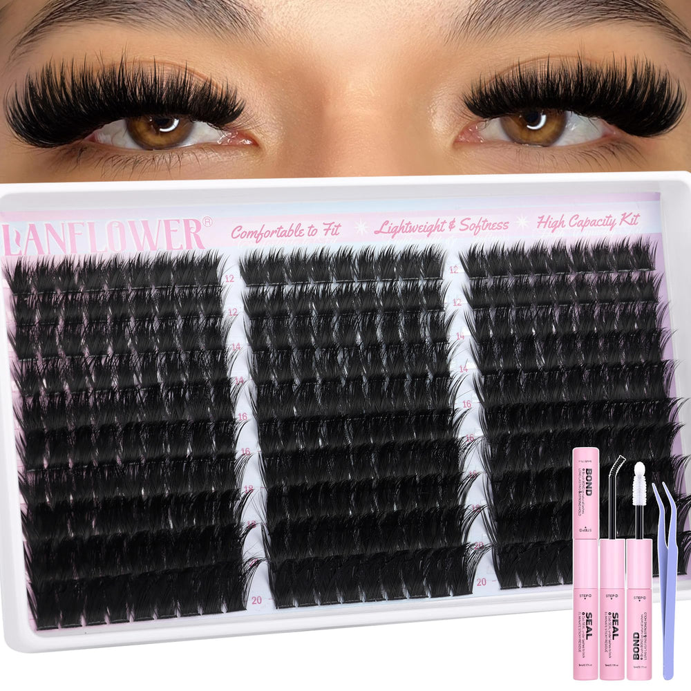 Lanflower fluffy lash clusters kit 300pcs creates fluffy volume for a natural flutter.