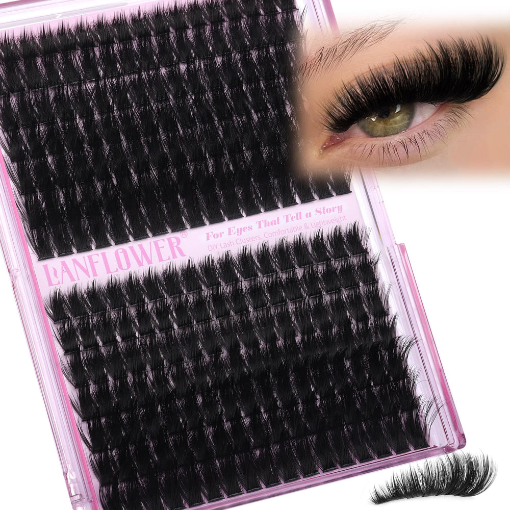 Lanflower fluffy lash clusters with spikes closeup show lightweight, manga-inspired volume for everyday lashes.