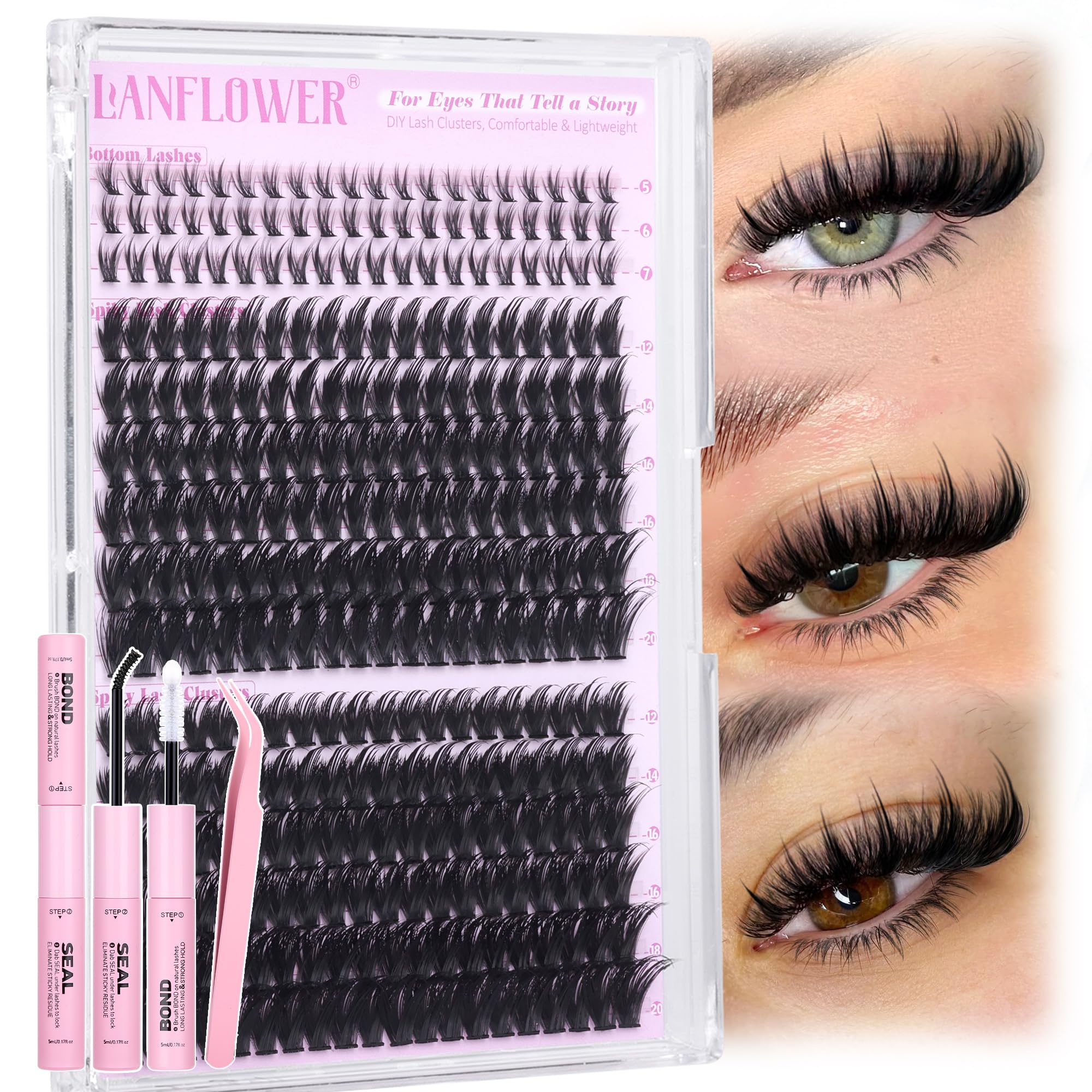 Lanflower Manga Lash Clusters Kit with D-Curve for dramatic eye-opening effect.