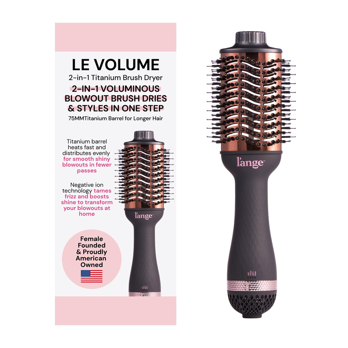 L'ANGE HAIR Le Volume with 75mm titanium barrel for smooth, voluminous blowouts.