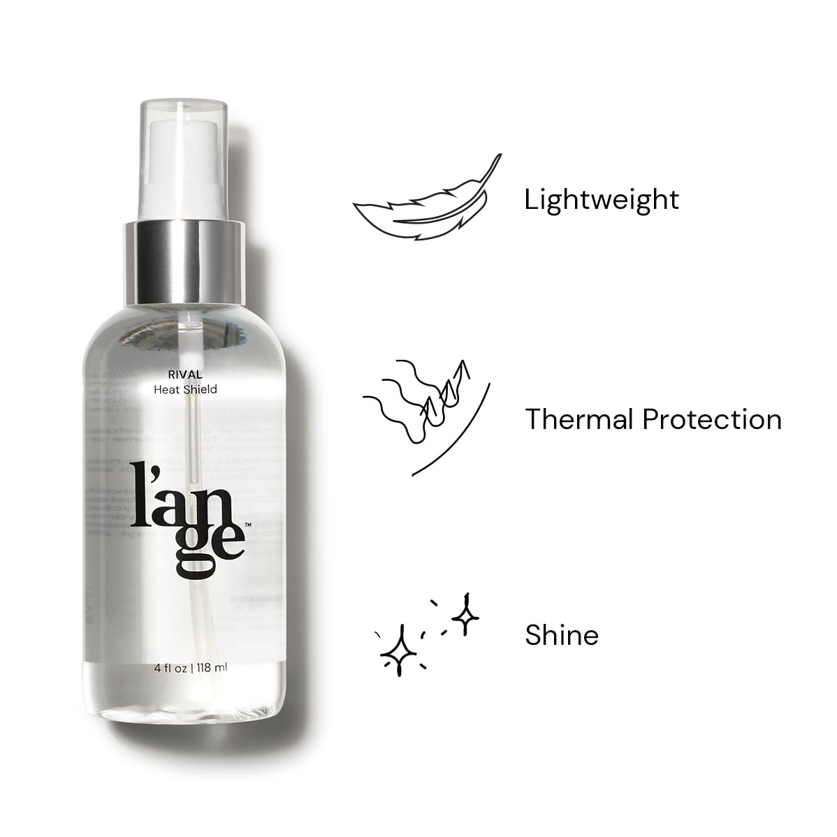 L'ANGE RIVAL Heat Shield bottle with keratin and antioxidants imagery.