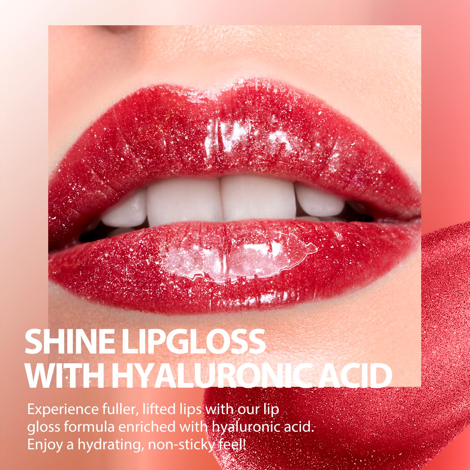 LANGMANNI lip gloss on lips, high shine and non-sticky finish.
