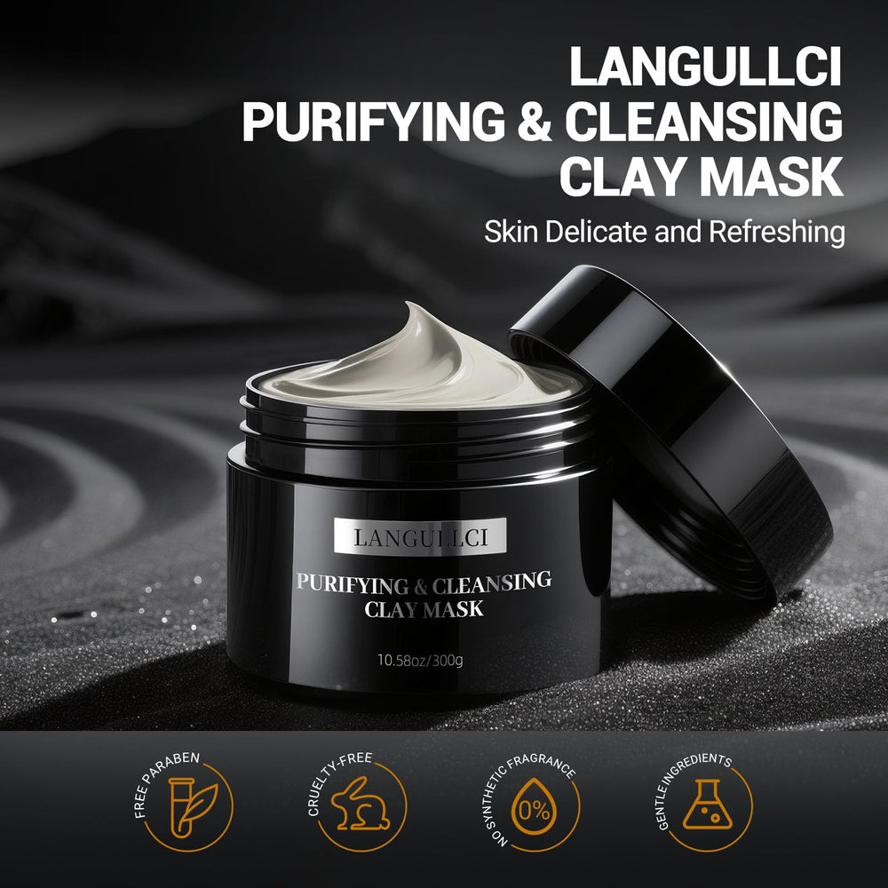 LANGULLCI purifying kaolin clay mask jar ready for spa-like cleansing.