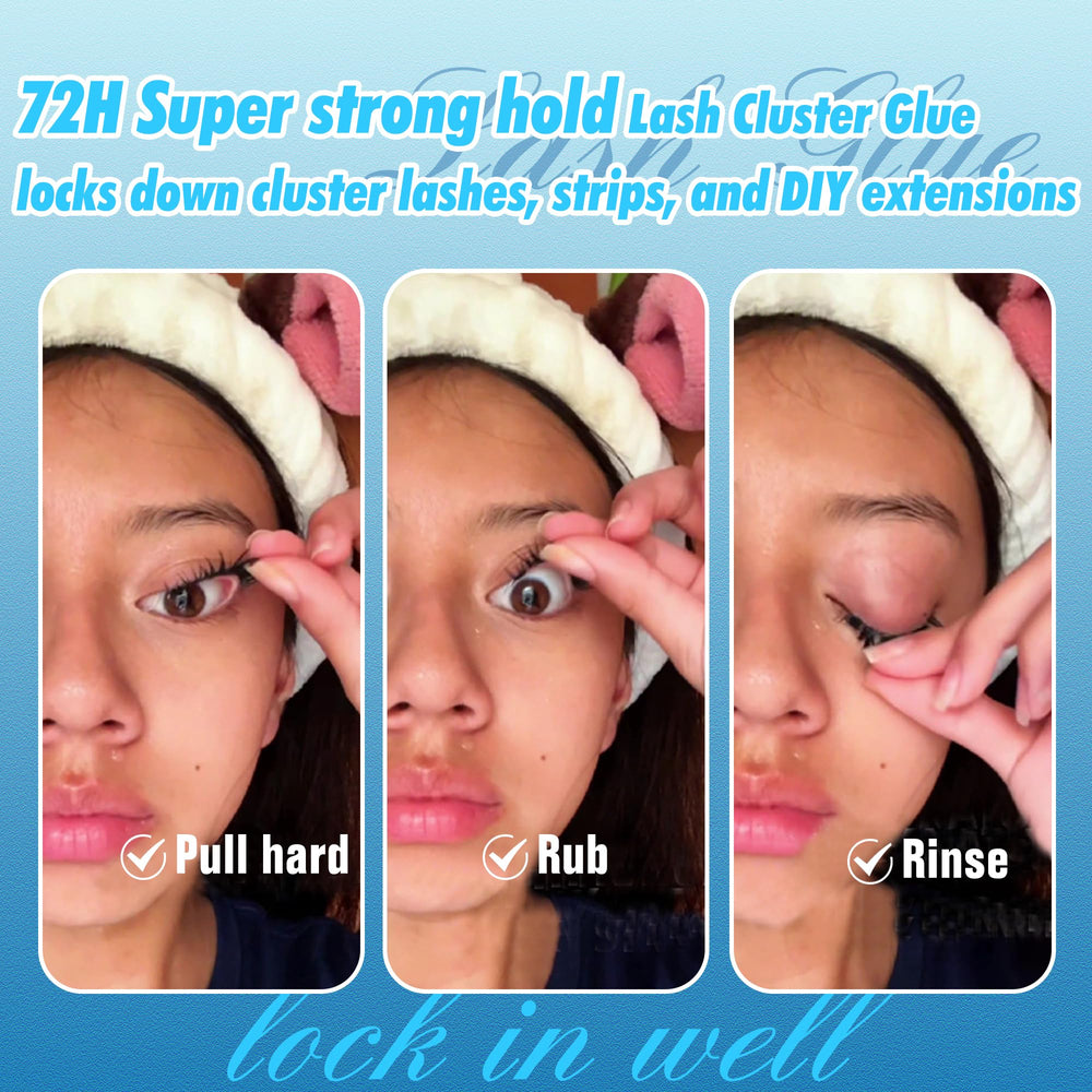 LANKIZ lash cluster glue swatch shows clear latex free formula for gentle wear