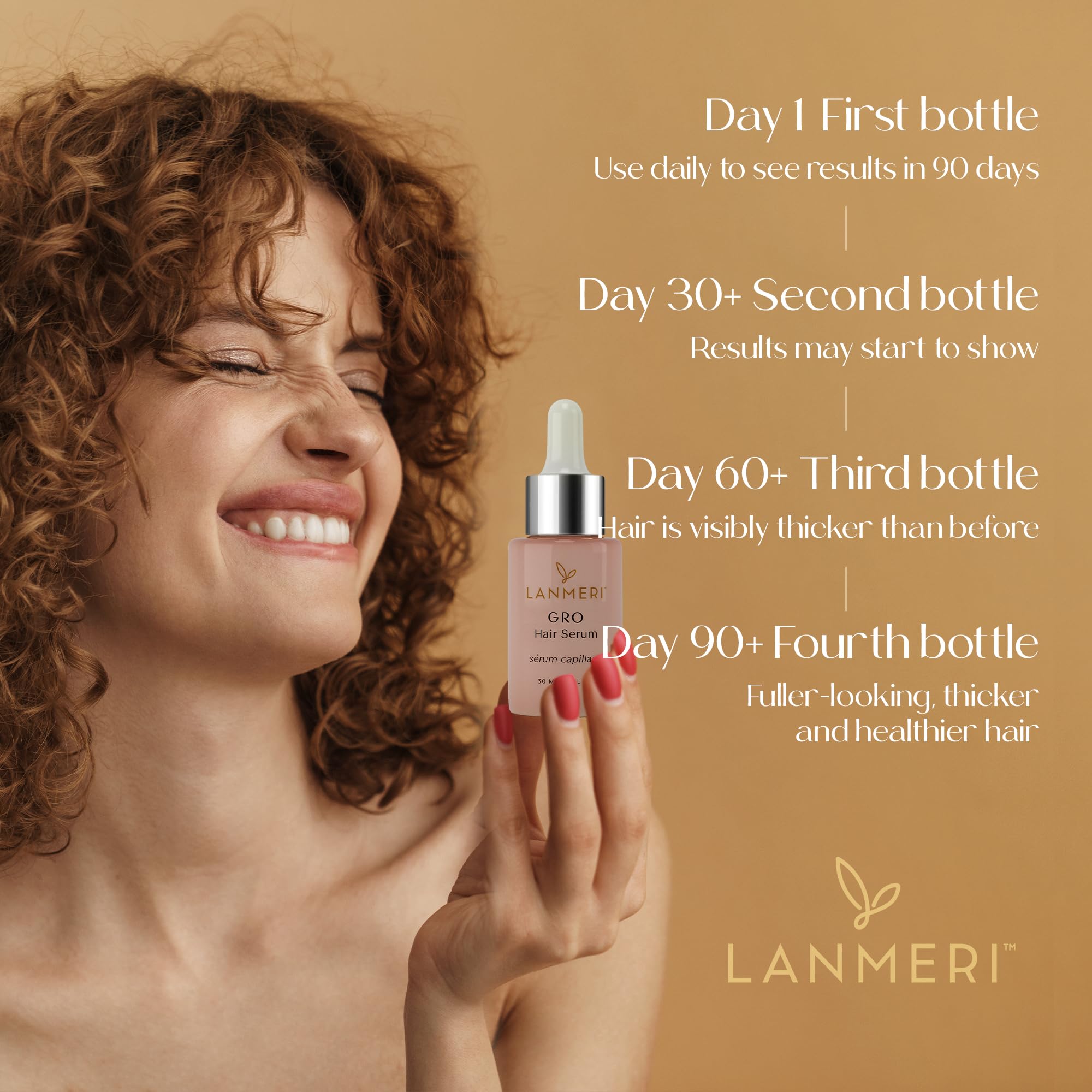 Lanmeri bottle label highlighting vegan, plant-based ingredients for scalp nourishment.