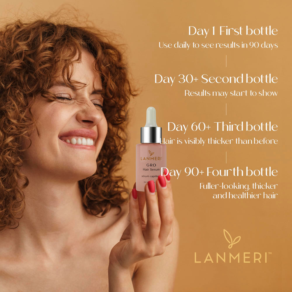 Lanmeri bottle label highlighting vegan, plant-based ingredients for scalp nourishment.