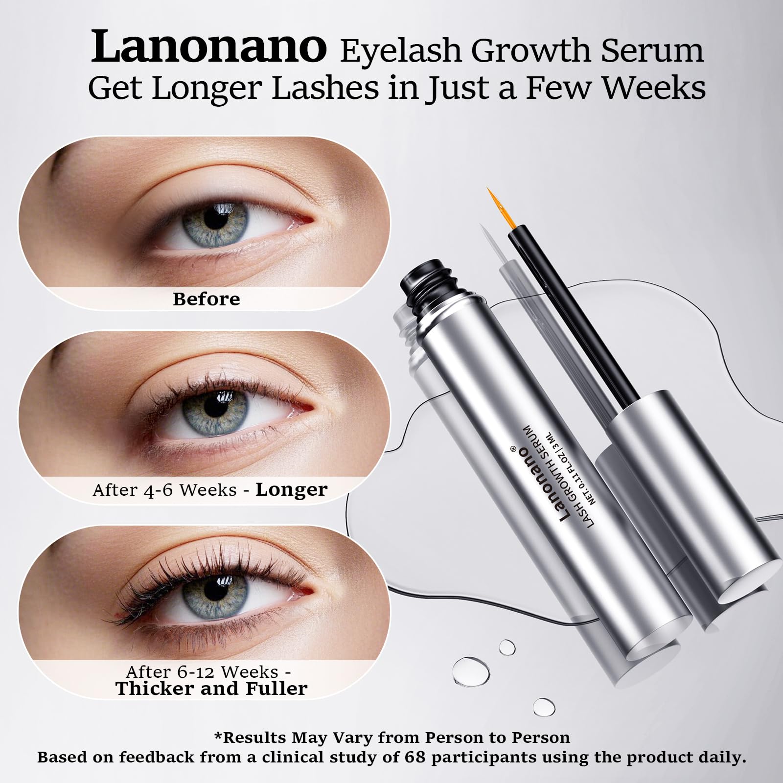 Lanonano lash serum applicator shown for targeted base-lash application.