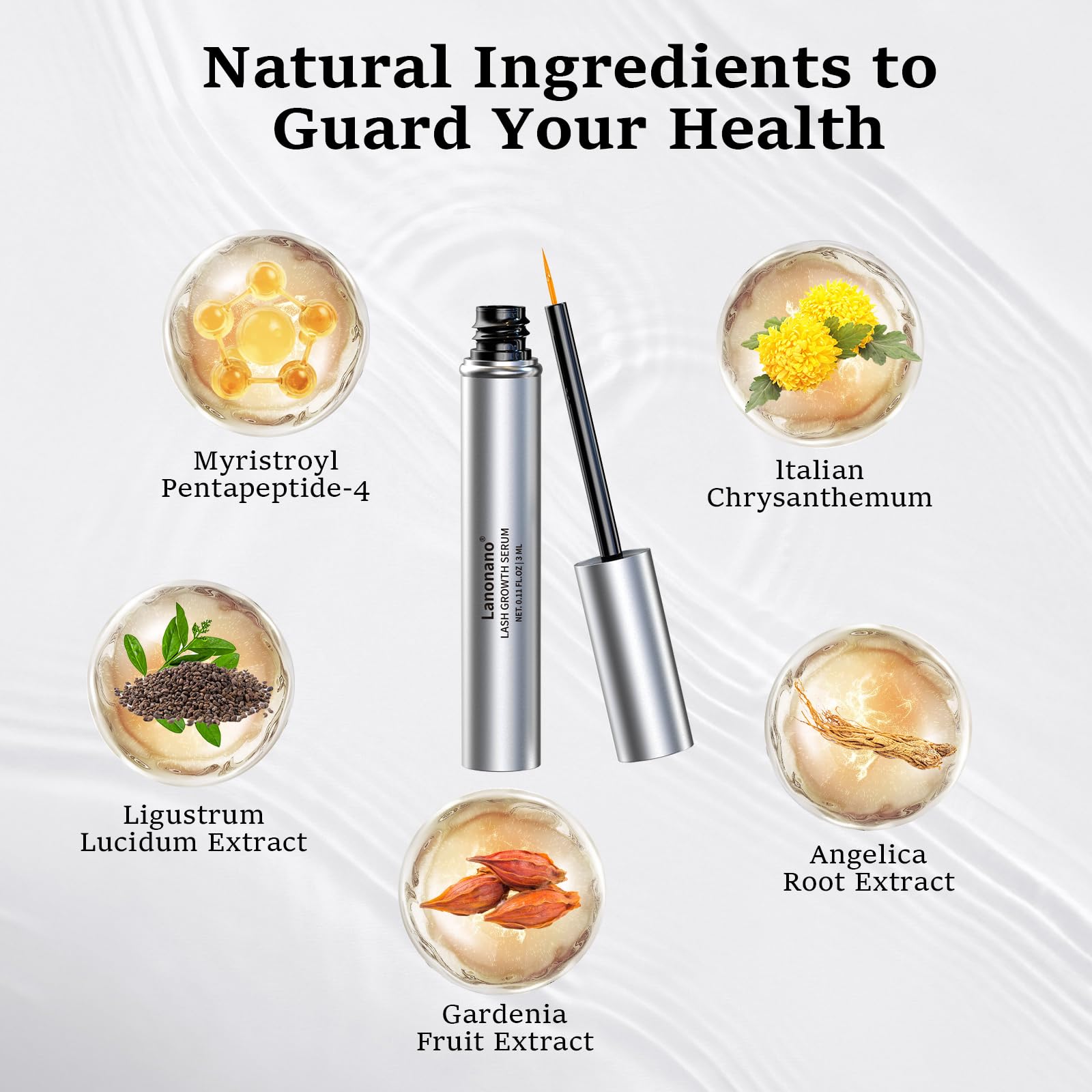 Lanonano lash serum close-up brush emphasizes clean, controlled daily use.