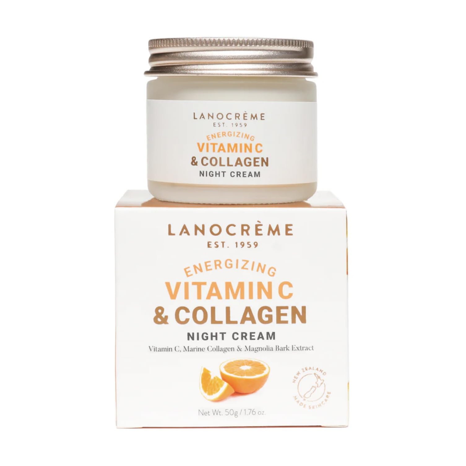 Lanocreme Energizing Night Cream bottle shows a radiant, hydrated look after sleep, highlighting product focus.