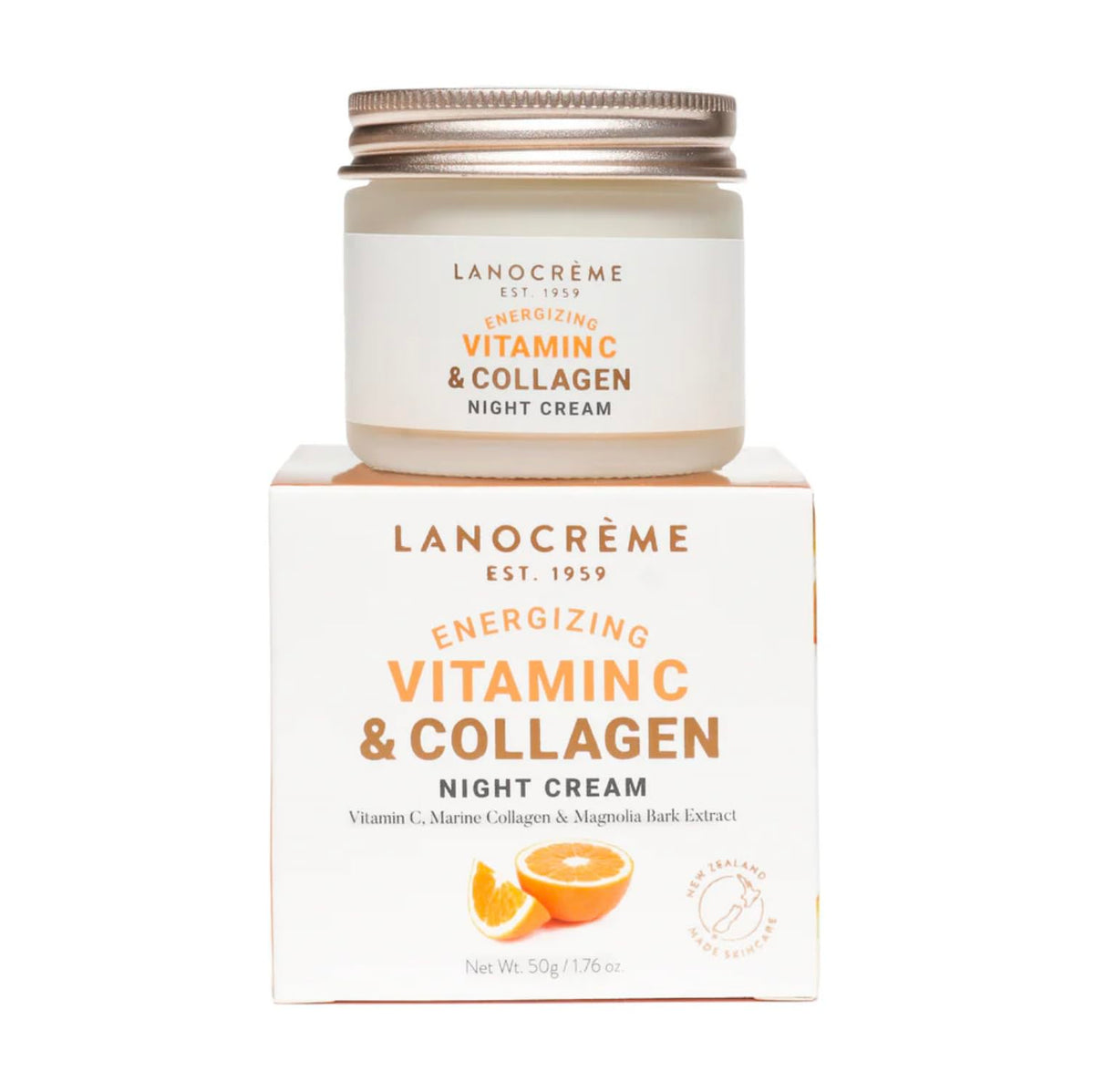 Lanocreme Energizing Night Cream bottle shows a radiant, hydrated look after sleep, highlighting product focus.