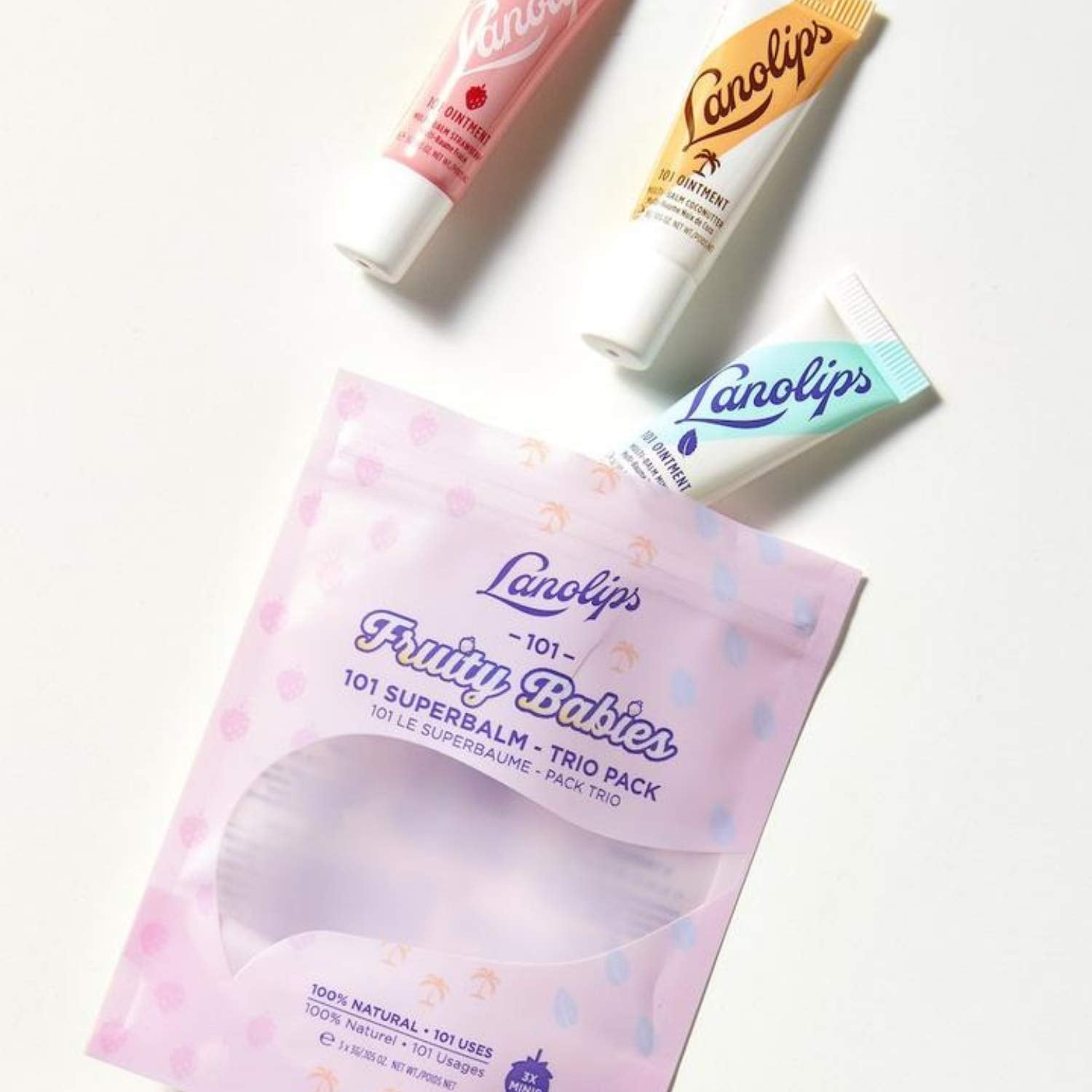 Lanolips Fruity Babies Trio strawberry balm close-up for daily moisture