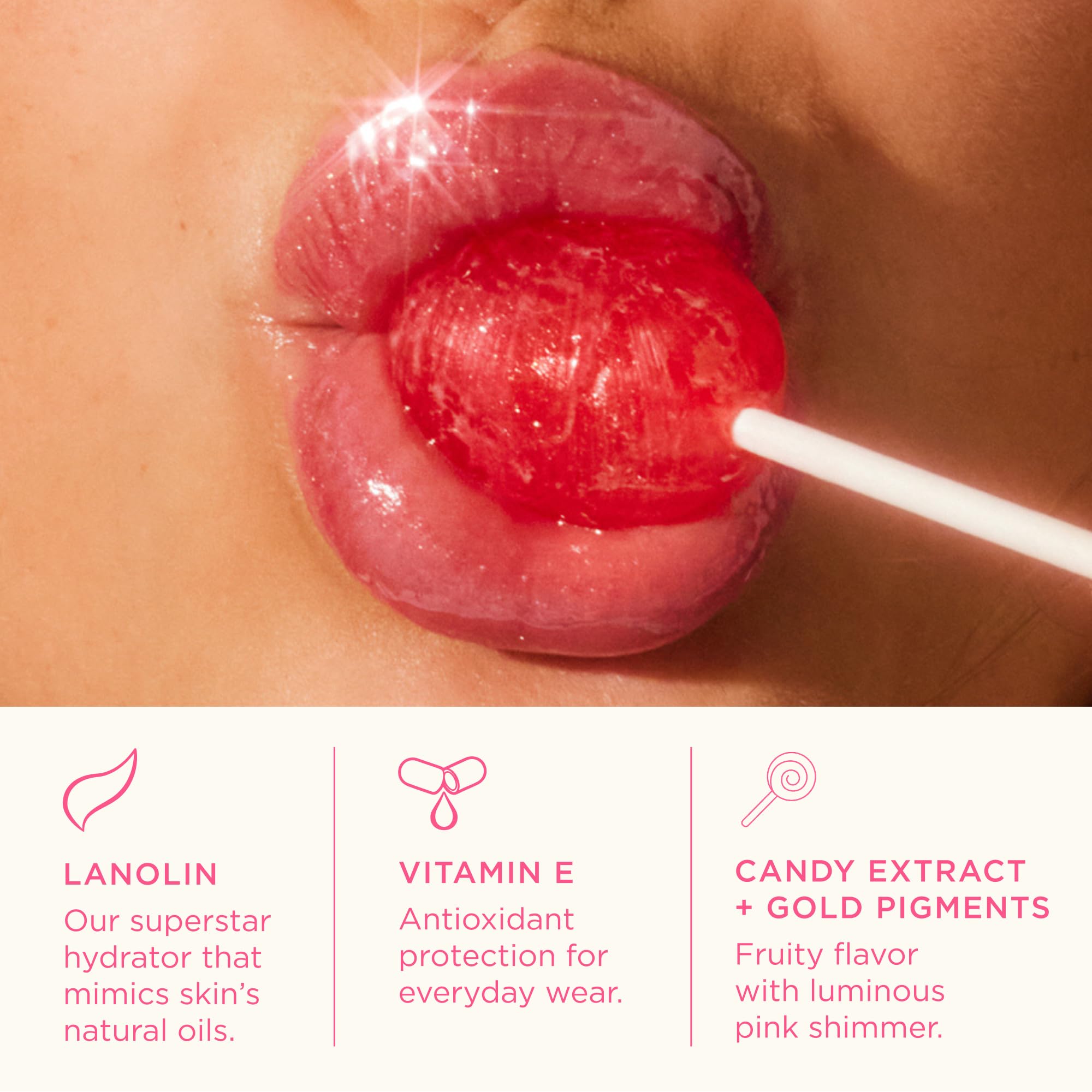 Lanolips Glossybalm Candy gloss finish on lips with long-lasting hydration