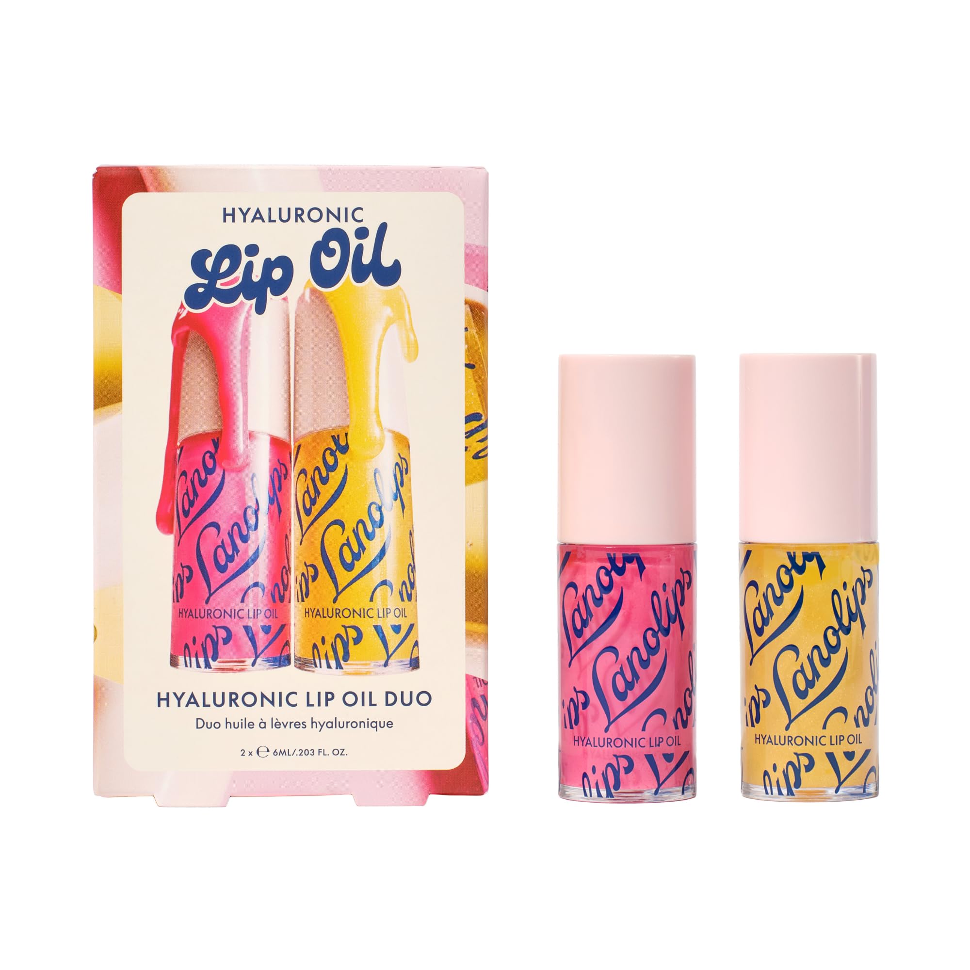 Lanolips Hydrating Lip Oil Duo packaging highlights two nourishing oils for glossy, hydrated lips.
