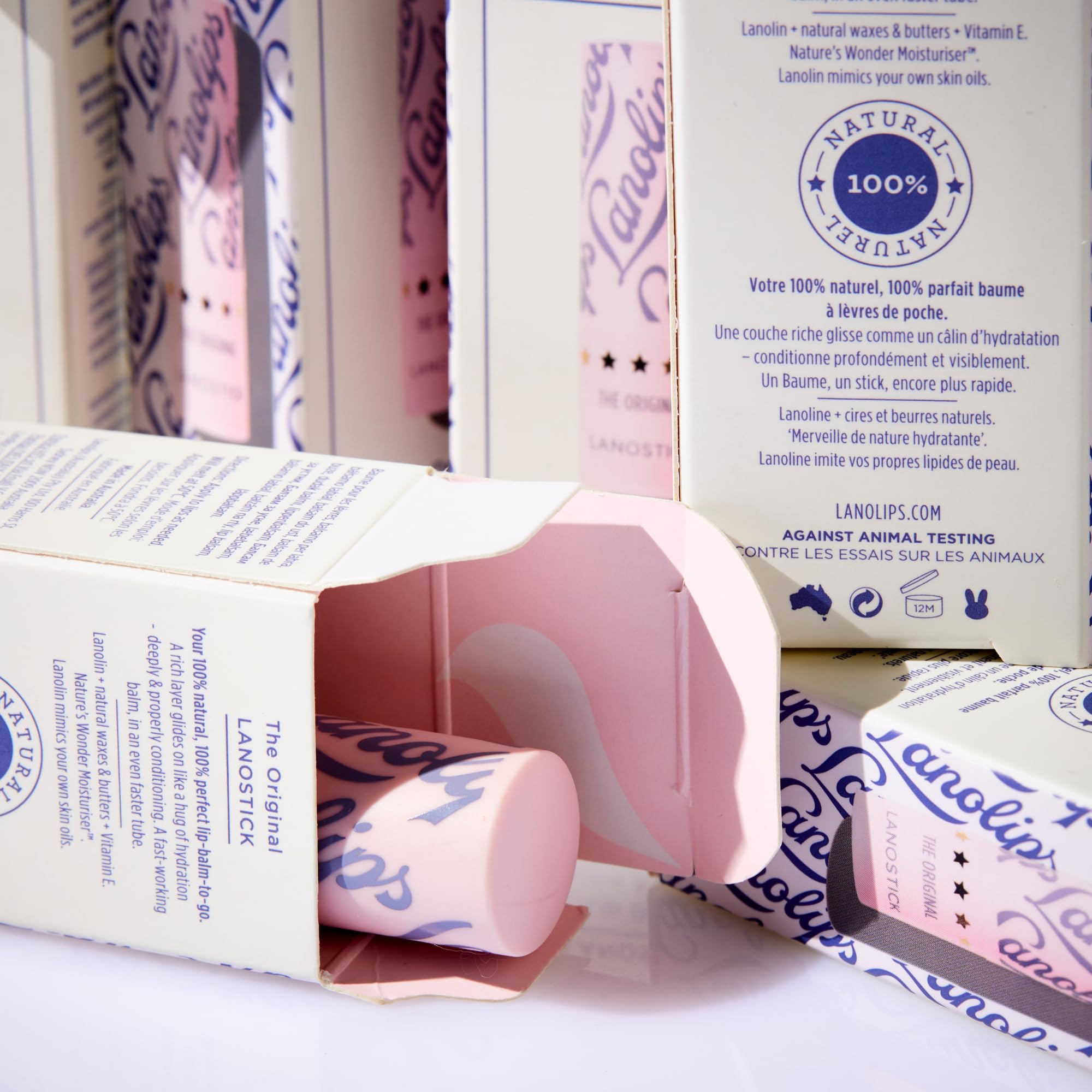 Lanolips Lanostick no-petrochemicals emphasizes clean formula without petrolatum or synthetic additives.