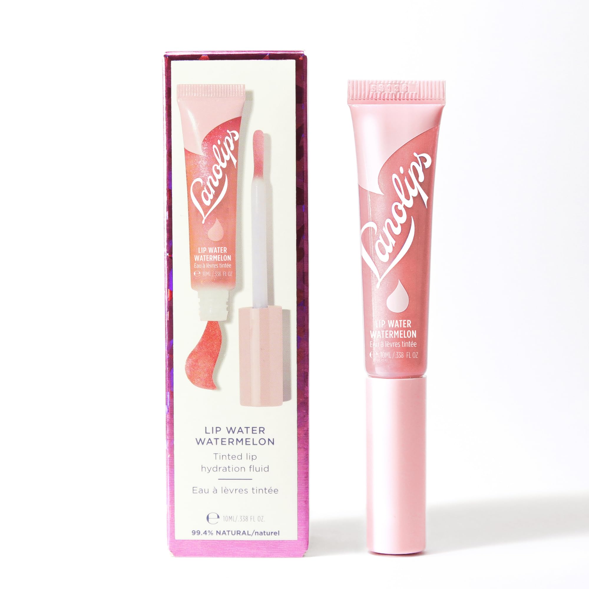 Lanolips Lip Water Watermelon gloss shot highlighting hydrating shine from hyaluronic acid