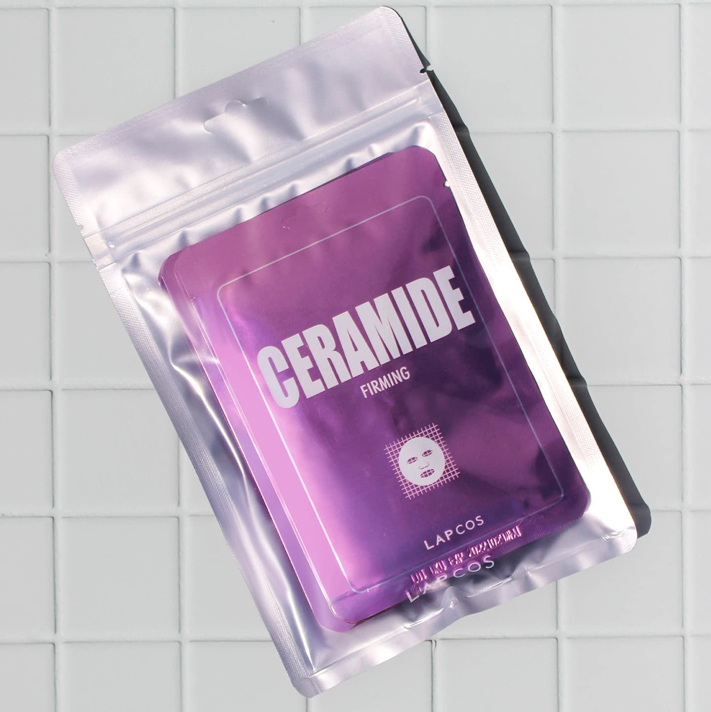 LAPCOS Ceramide Sheet Mask sachet shown with ceramide NP info.