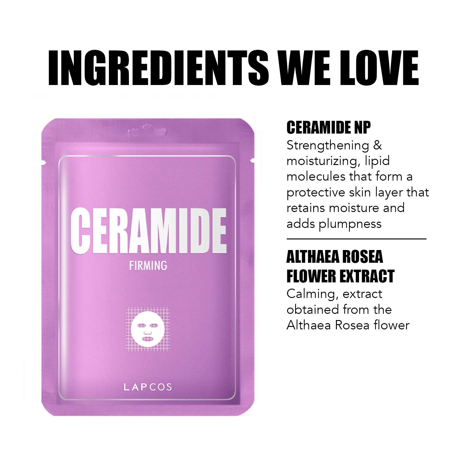 LAPCOS Ceramide Sheet Mask applied to face for tightening look.