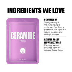 LAPCOS Ceramide Sheet Mask applied to face for tightening look.