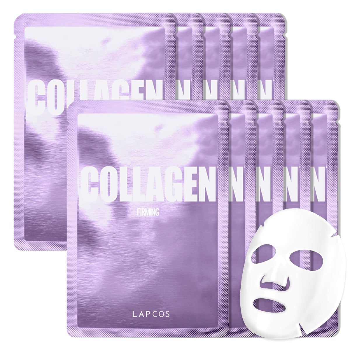 LAPCOS collagen sheet mask 10-pack box highlighting value and premium ingredients for firming
