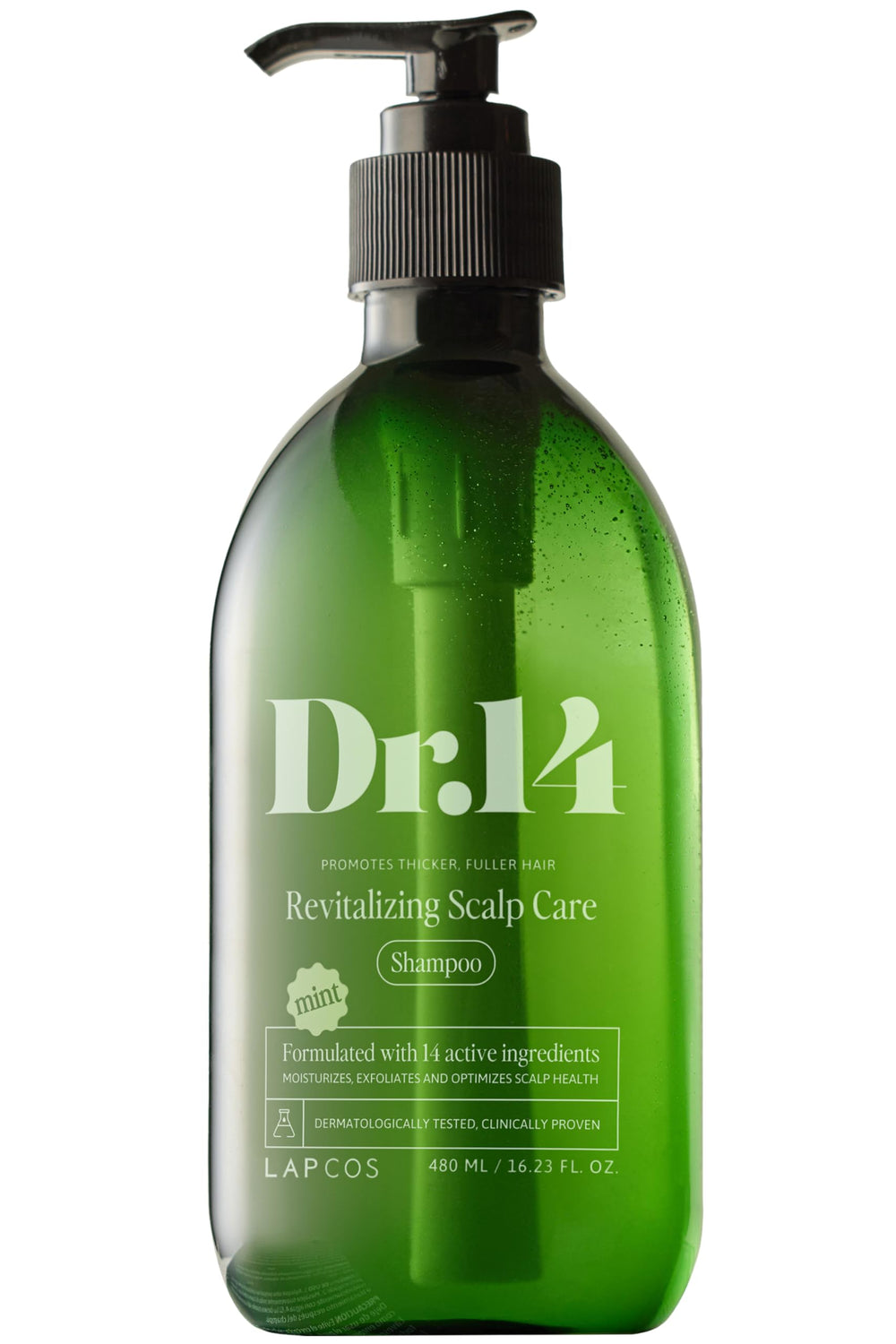 LAPCOS Dr.14 shampoo bottle front showcasing vegan formula for daily scalp nourishment.