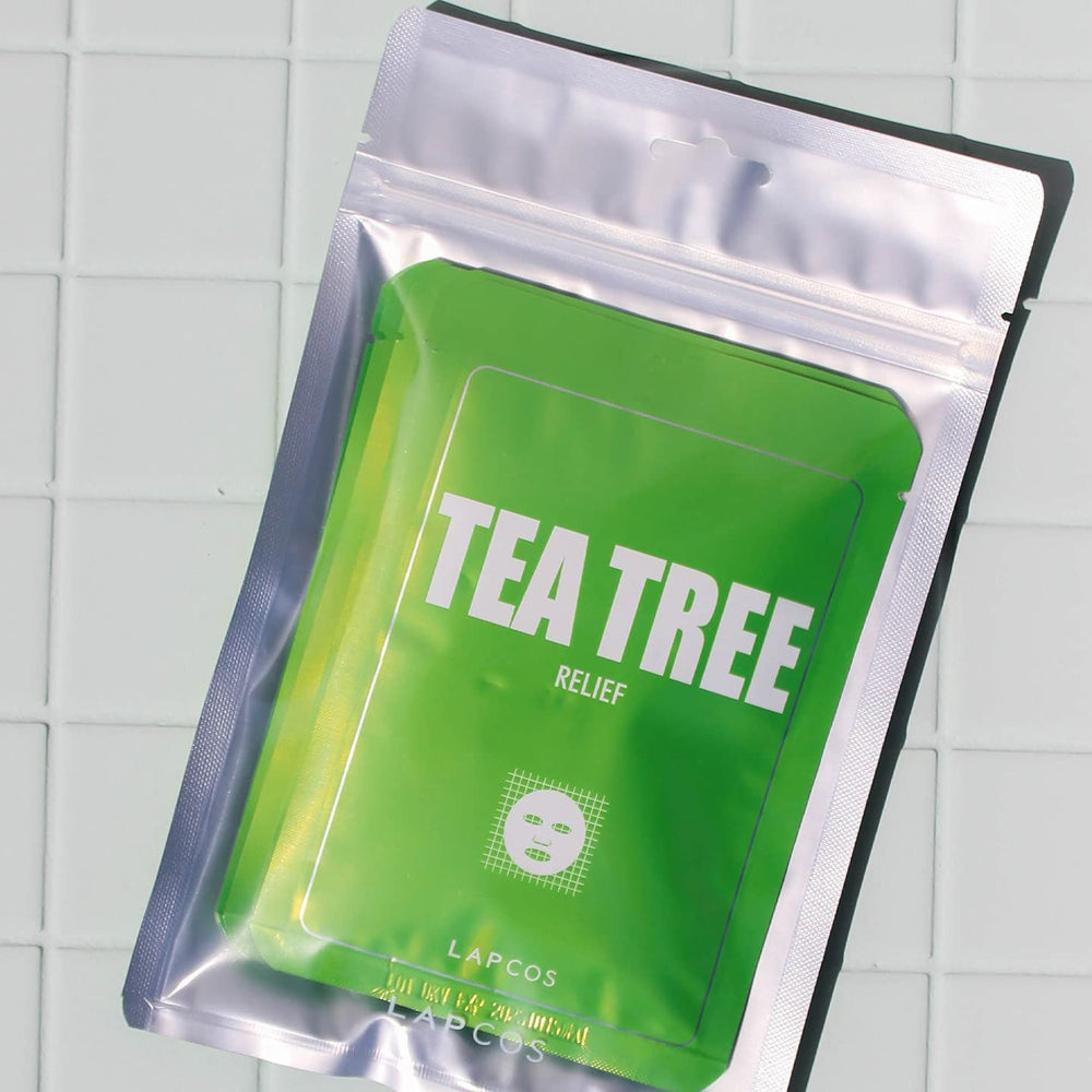 Lapcos Tea Tree Sheet Mask ingredients with tea tree and Althaea for soothing relief.