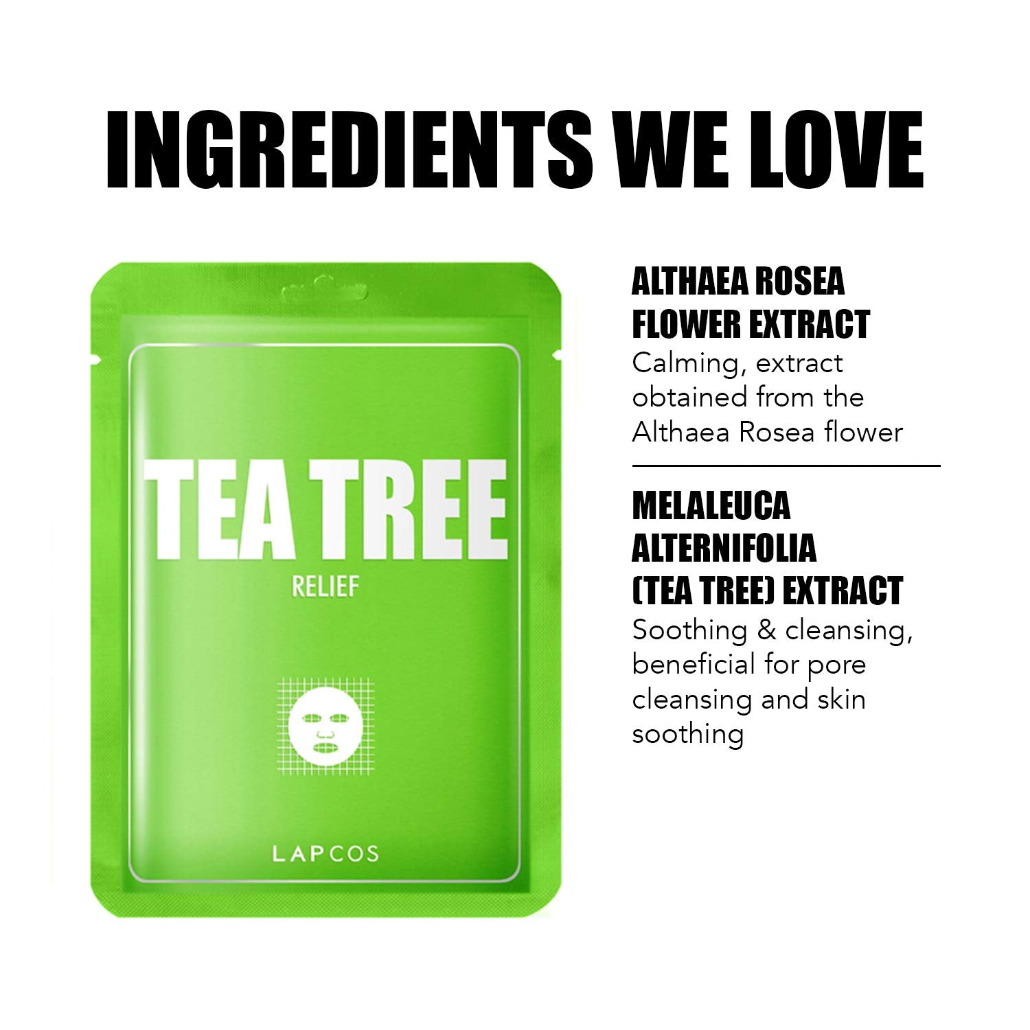 Lapcos Tea Tree Sheet Mask packaging highlighting Korean beauty quality.