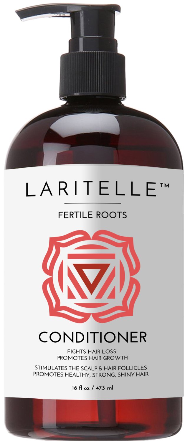 Laritelle anti-thinning conditioner bottle on bathroom shelf promotes healthier hair growth.