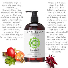 Laritelle Organic Conditioner label closeup revealing nourishing oils and a silicone-free formula.