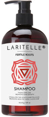 Laritelle Fertile Roots shampoo bottle on display showing premium packaging and scalp nourishment potential.