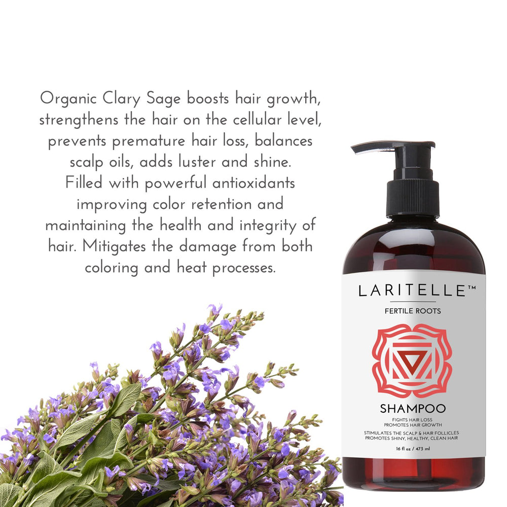 Laritelle Fertile Roots ingredients panel emphasizes Bhringaraj and Hibiscus hydrosol.