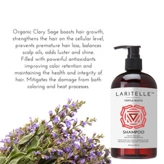 Laritelle Fertile Roots ingredients panel emphasizes Bhringaraj and Hibiscus hydrosol.