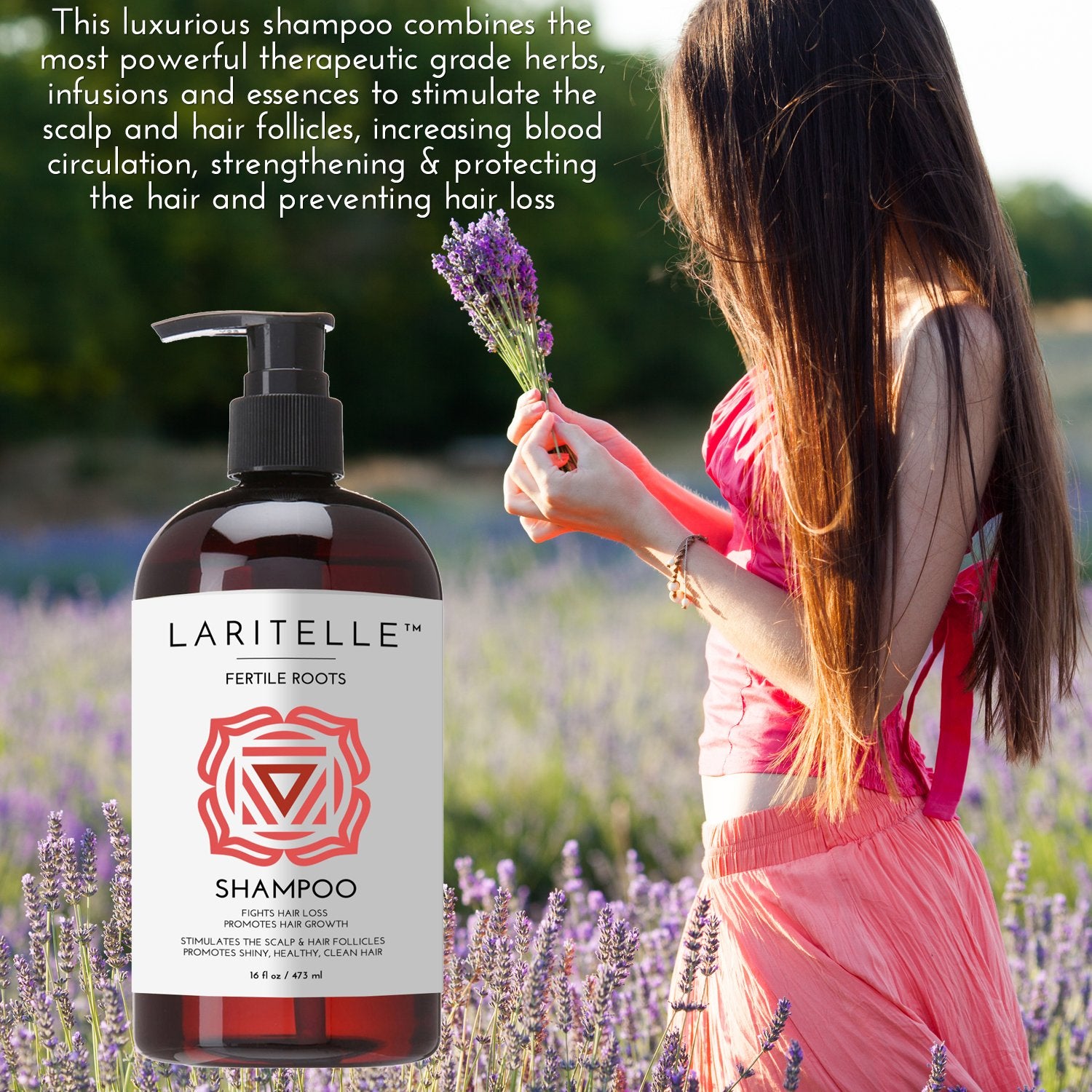 Laritelle Fertile Roots label closeup highlighting organic blend for daily scalp care.