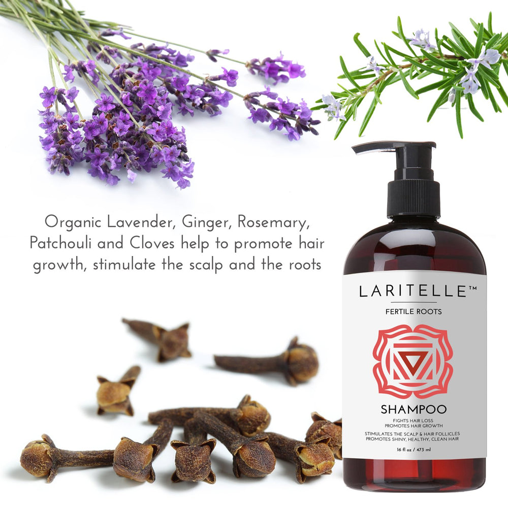 Laritelle Fertile Roots shampoo pour demonstrates easy application and thorough rinse.