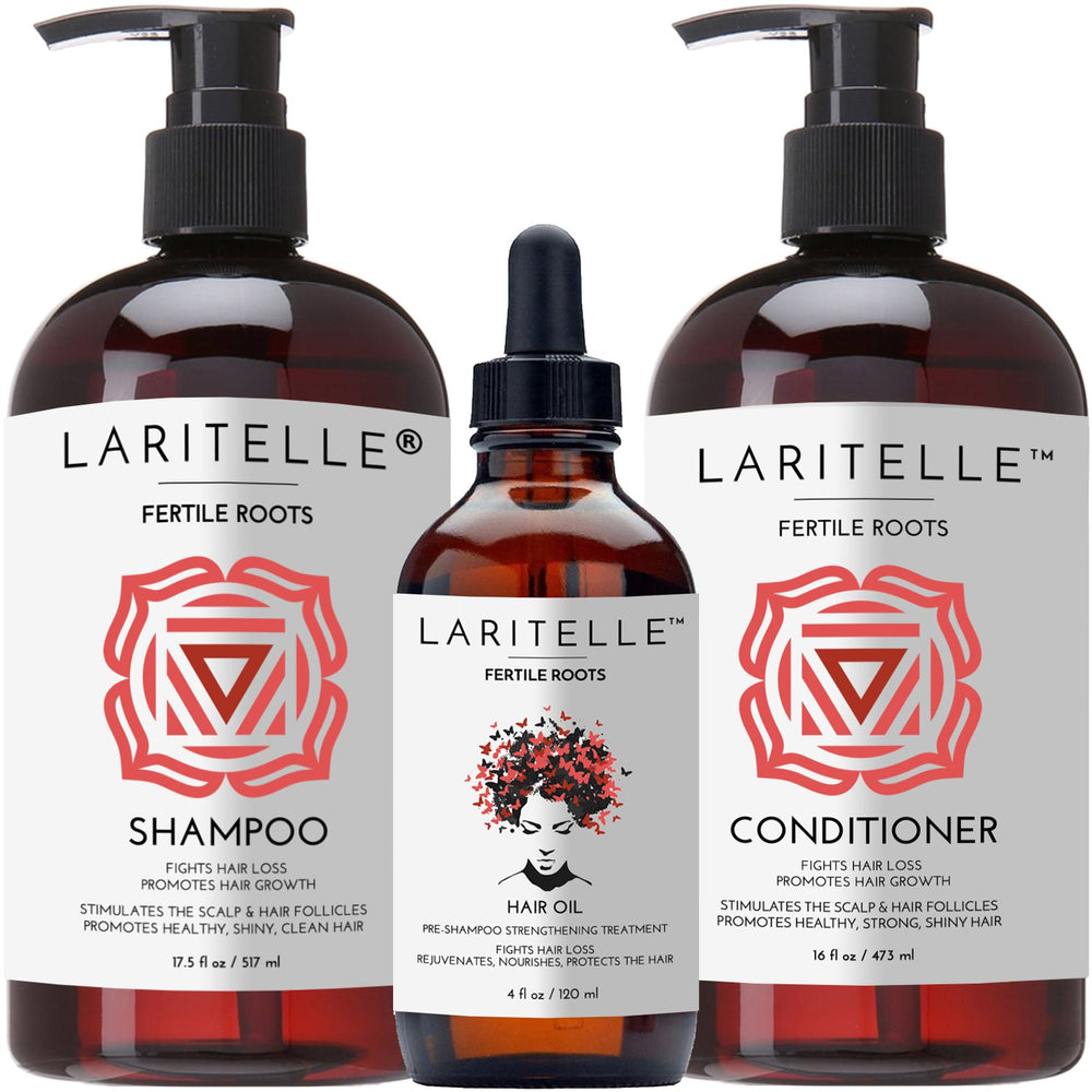 Laritelle Fertile Roots shampoo bottle shows organic formula for fuller-looking hair