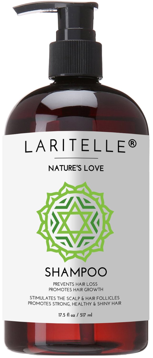 Laritelle Nature's Love Organic Shampoo bottle showcases vibrant color preservation for color-treated hair.