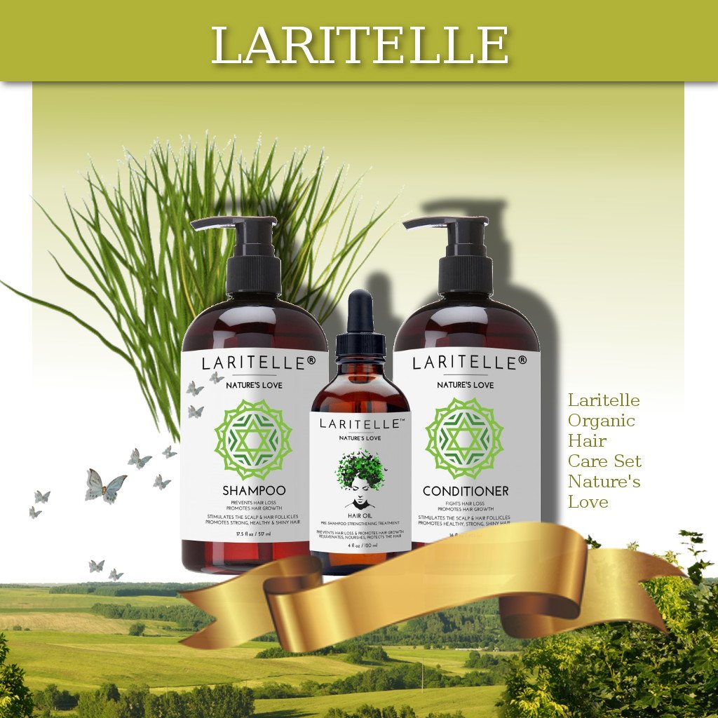 Laritelle Nature's Love shampoo bottle close-up highlighting gentle cleansing for healthy hair.