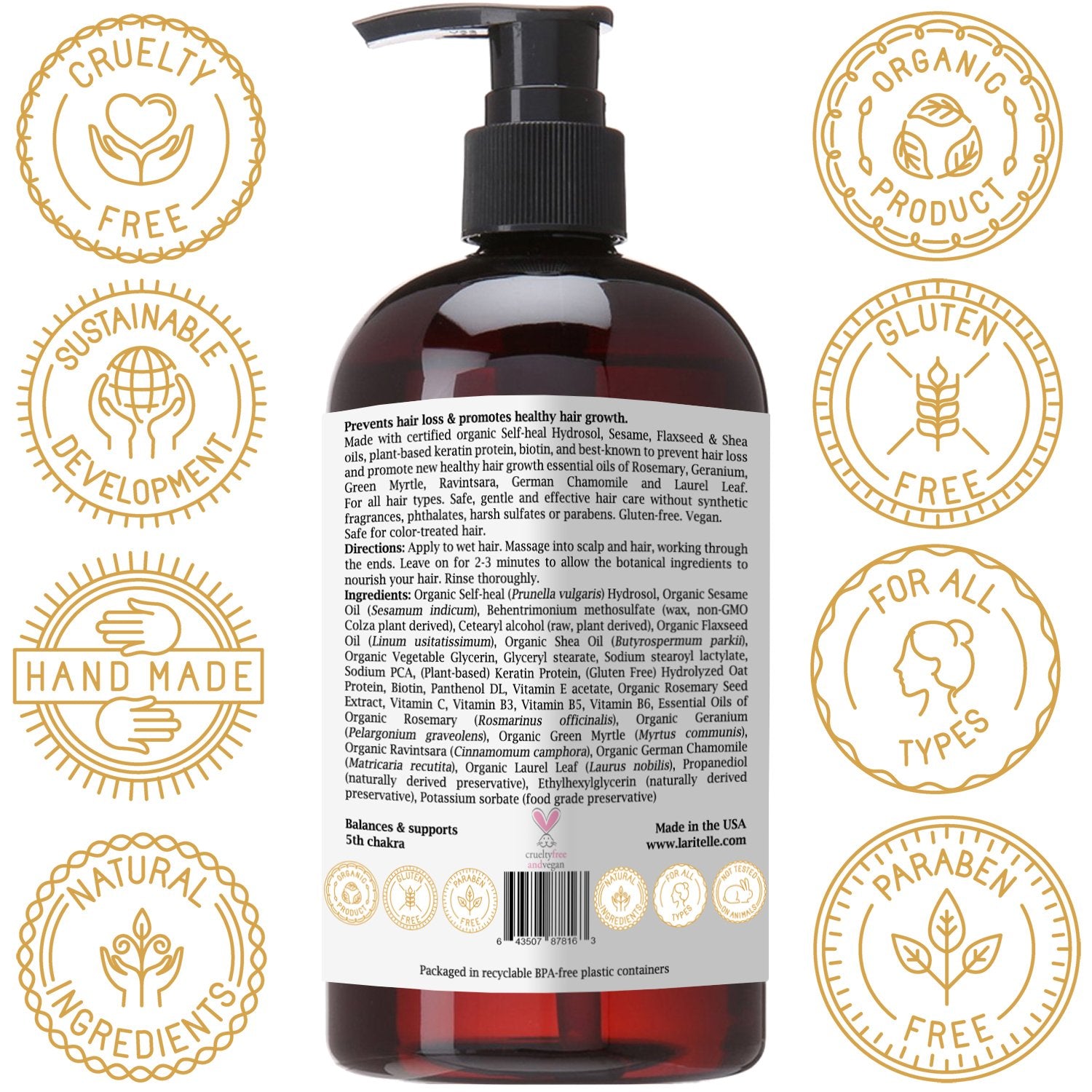 Packaging shows gluten-free vegan formula for Laritelle conditioner.