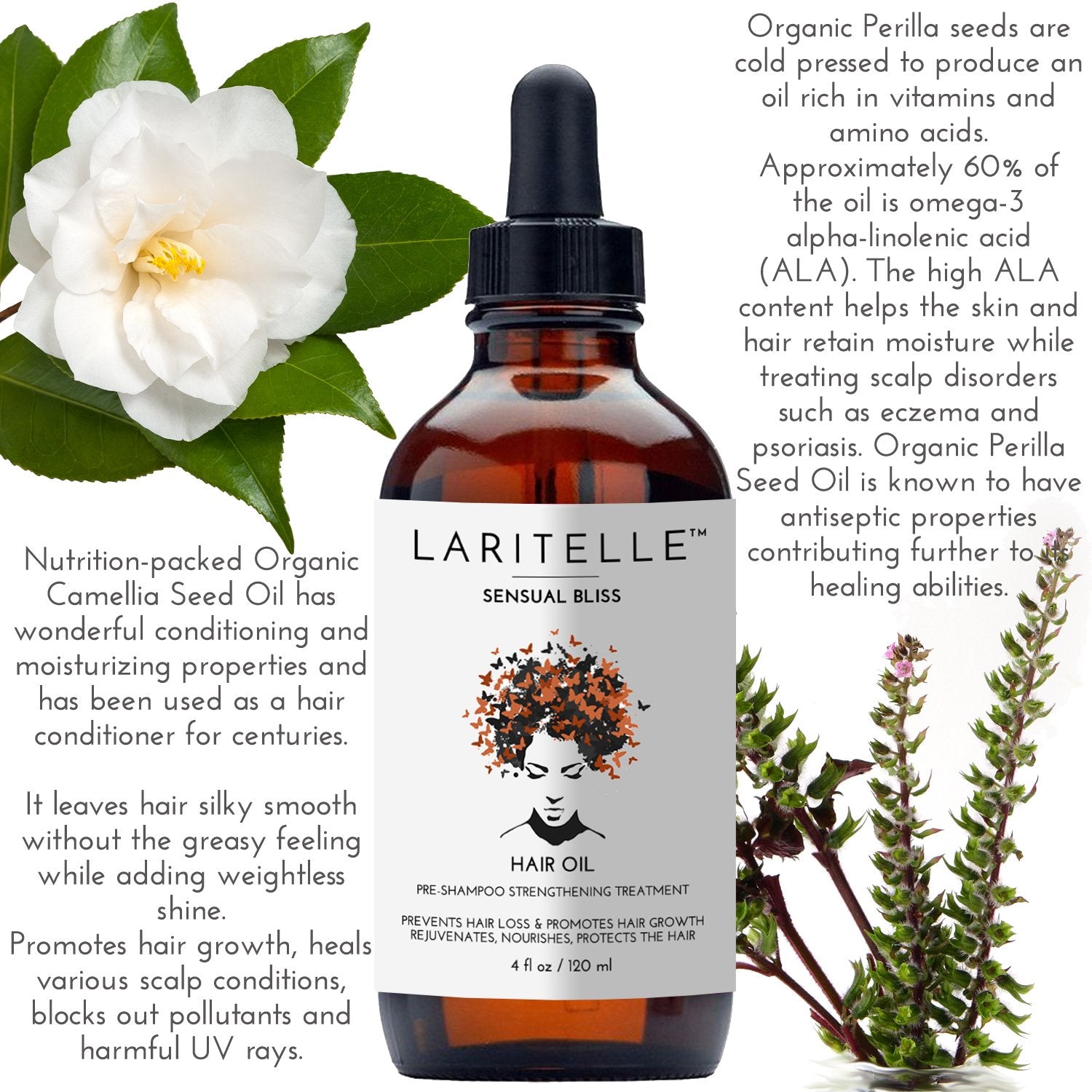 Laritelle set ingredients closeup shows palmarosa and orange essential oils