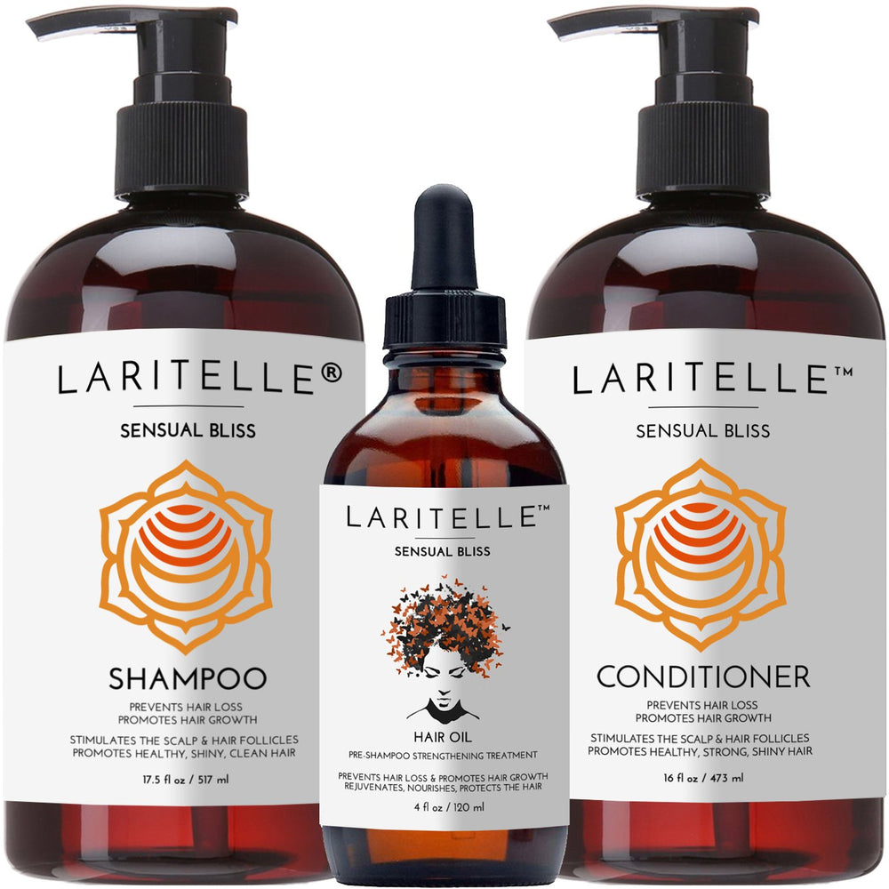 Laritelle Organic Hair Growth Set shampoo bottle with argan oil and rosemary for healthy hair