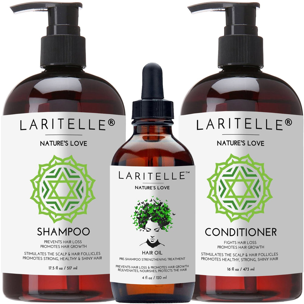 Laritelle Organic Hair Growth Set shampoo bottle on bathroom counter for clean, refreshed hair