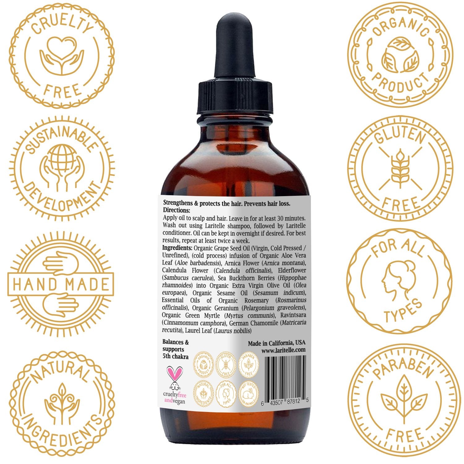 Laritelle hair loss prevention product label close-up highlighting vegan GMO-free ingredients
