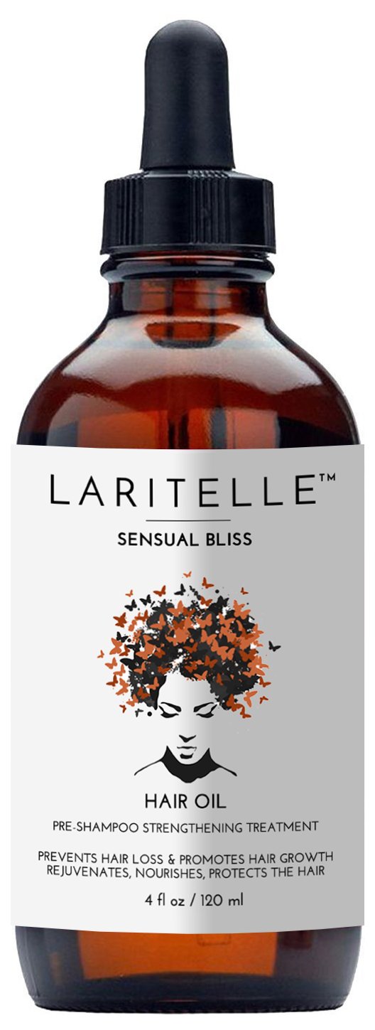 Laritelle Organic Sensual Bliss bottle shows nourishing oil for scalp vitality