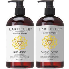 Laritelle Organic Shampoo bottle pour promotes healthier hair with rosemary and cedarwood blend.