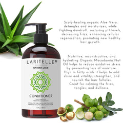 Laritelle Organic Shampoo label closeup emphasizing organic ingredients and scent profile.