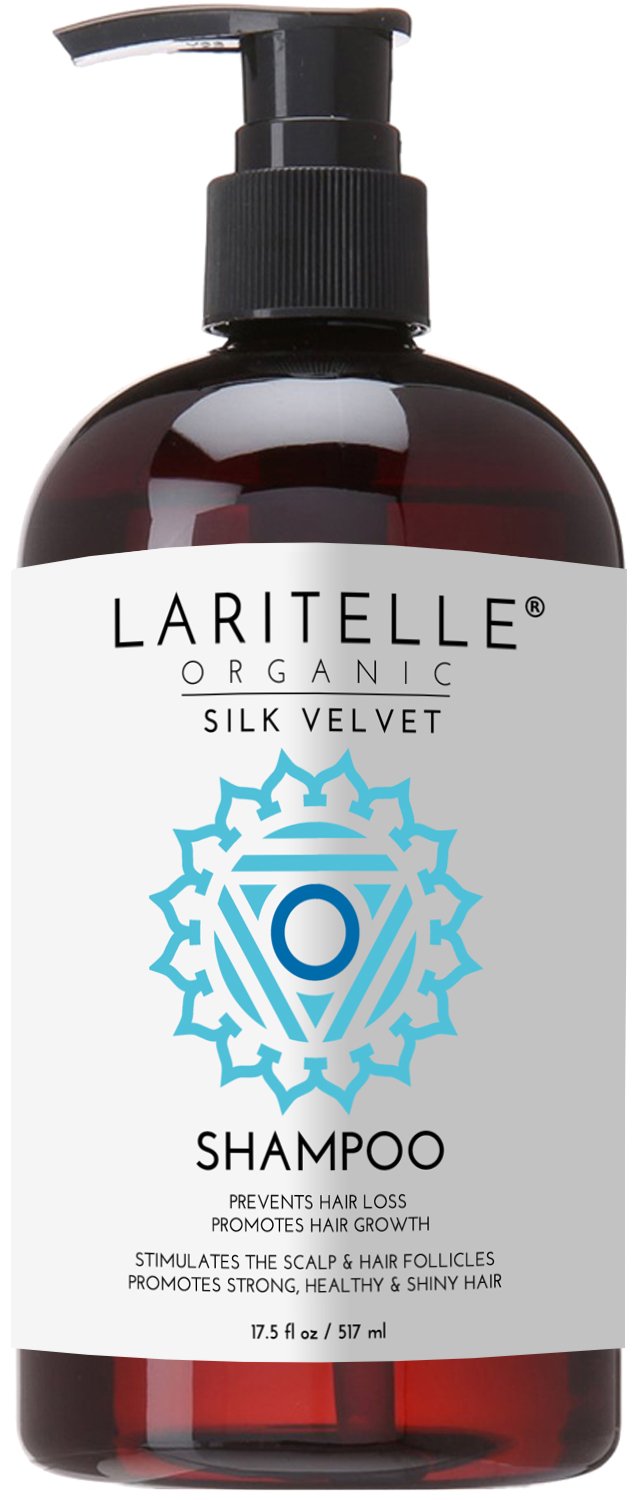 Laritelle Silk Velvet Shampoo bottle showing premium organic formula for scalp care and vitality.
